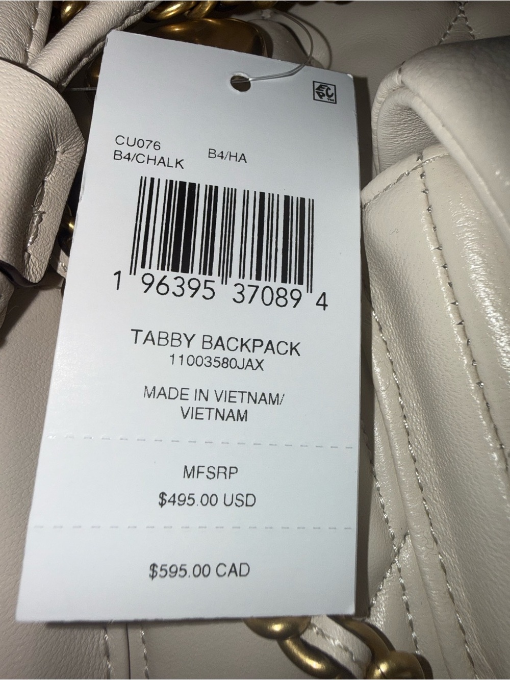 New With Tags 🎉Coach Cream Quilted Leather Backpack with Gold Chain Straps🎉 - Picture 6 of 9